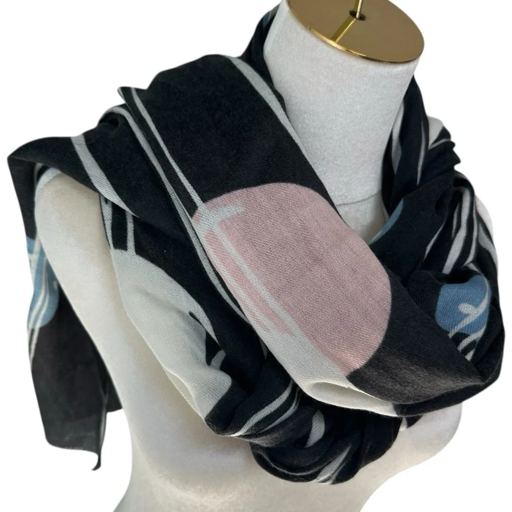 Plume Nova Hand Painted Elegant Black Scarf with Abstract Circle Pattern